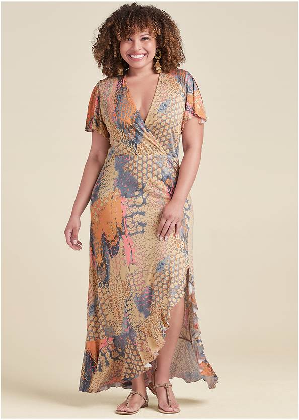 Surplice Maxi Dress,Printed Convertible Dress,Embellished Sandals,Jeweled Gladiator Sandals,Tiered Tassel Drop Earrings,Woven Beaded Tote Bag