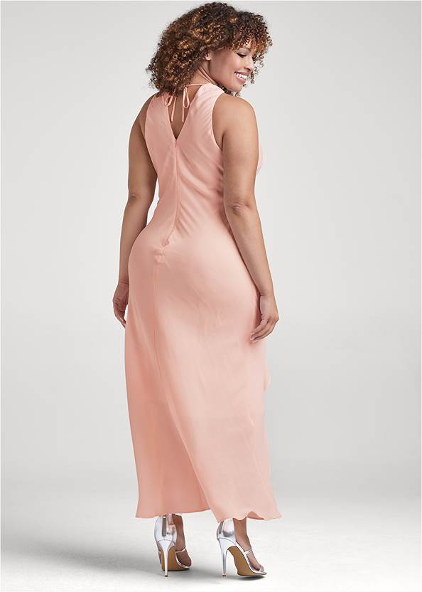 Back View Embellished Ruffle Front Long Dress