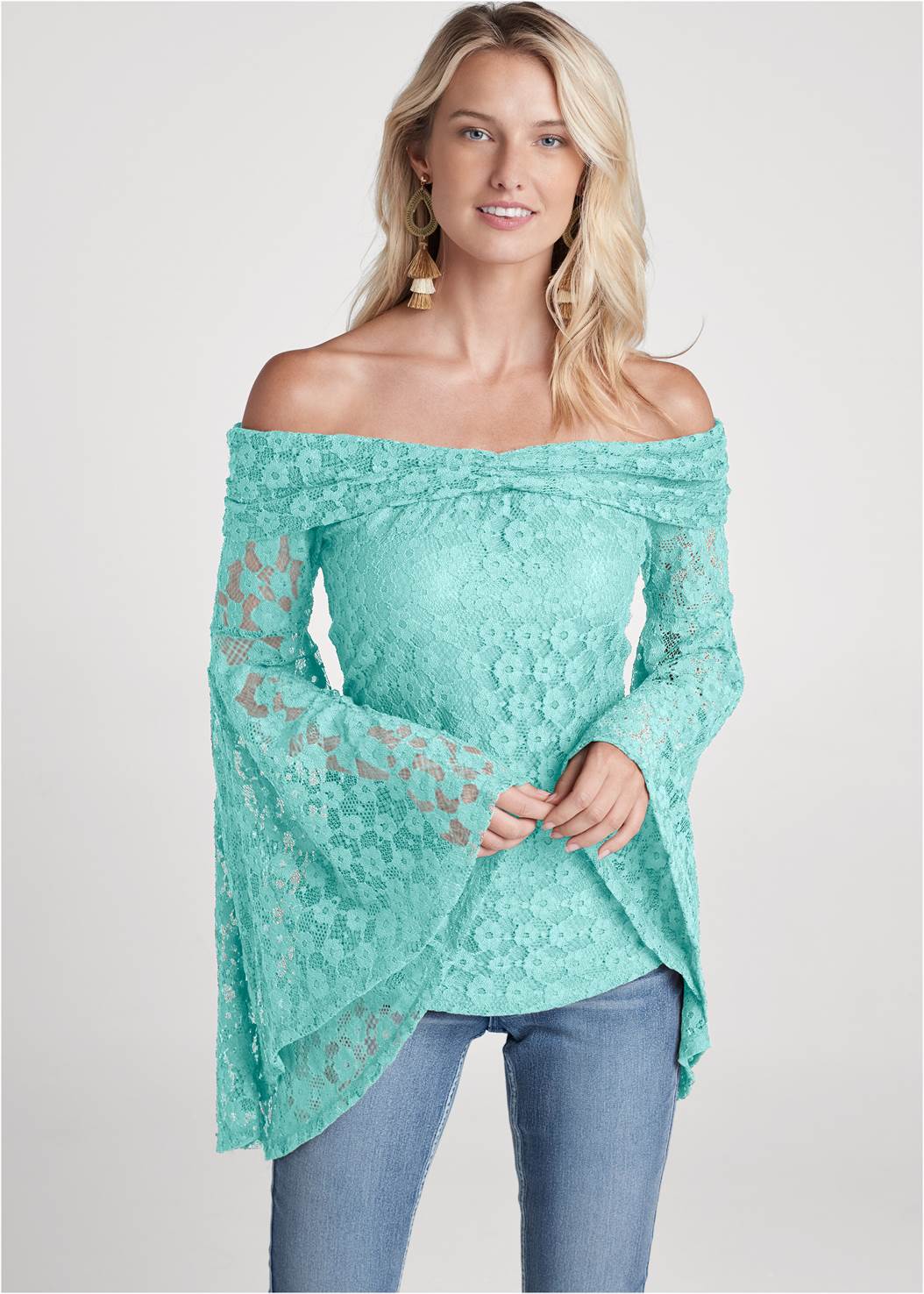 Mint Floral Perfection Blouse with Bell Sleeves & Neck Detail