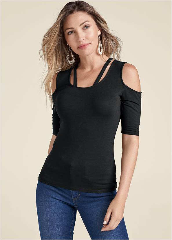 Front View Strappy Cold-Shoulder Top, Any 2 Tops For $39
