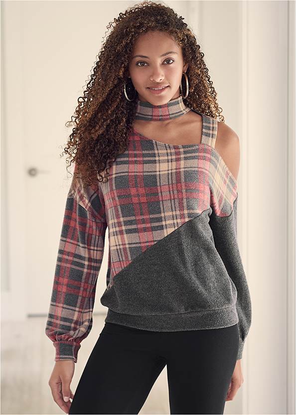 Plaid One-Shoulder Top,Basic Leggings,Mid Rise Color Skinny Jeans,Buckle Knee High Boots,Lace-Up Tall Boots