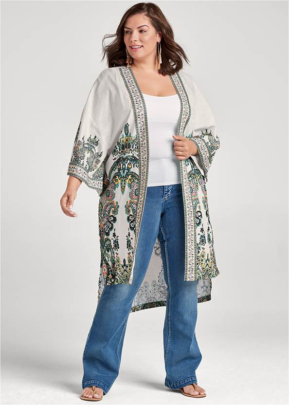 Linen Paisley Kimono,Basic Cami Two Pack,Bootcut Jeans,Wood Earrings