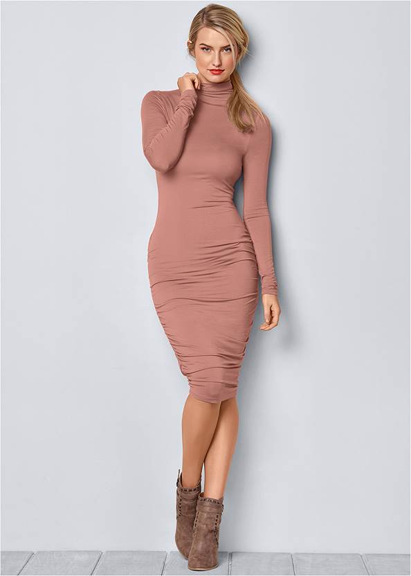 Long Sleeve Ruched Dress,Sexy Slingback Heels,Wrap Stitch Detail Booties,Strappy Toe Loop Heels