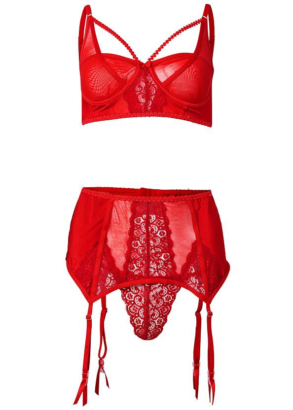 Strappy Bra Set,Mesh Thigh Highs With Lace