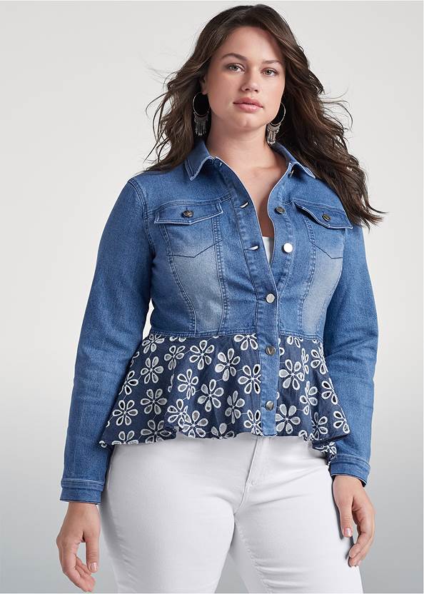 Cropped Front View Daisy Peplum Jean Jacket