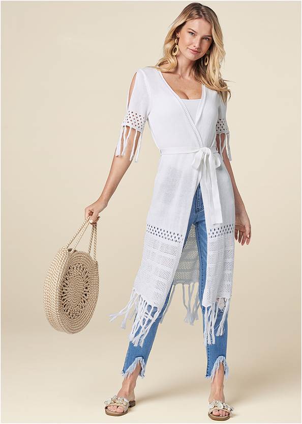 Belted Fringe Cardigan,Basic Cami Two Pack,Triangle Hem Jeans,Striped Straw Tote,Shell Detail Slide Sandals,Striped Rope Shell Tote Bag