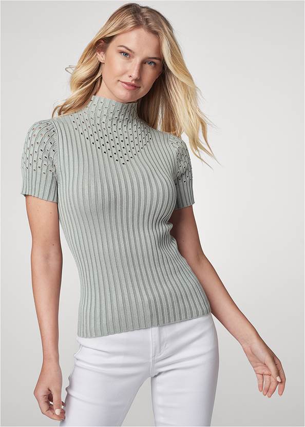 Cropped Front View Short Sleeve Ribbed Sweater