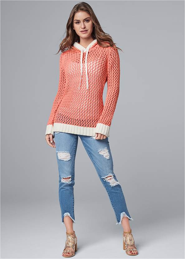 Full Front View Open Knit Hoodie Sweater