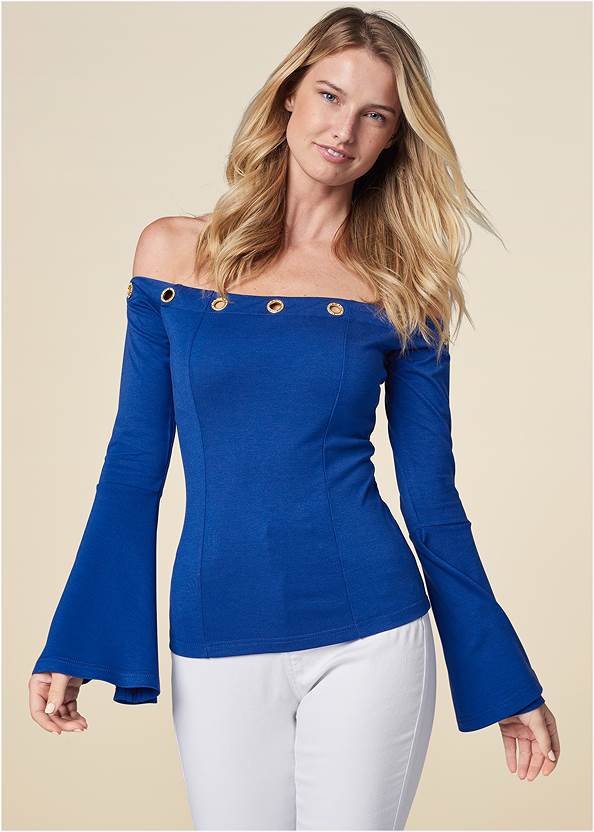 Cropped Front View Off-The-Shoulder Grommet Top