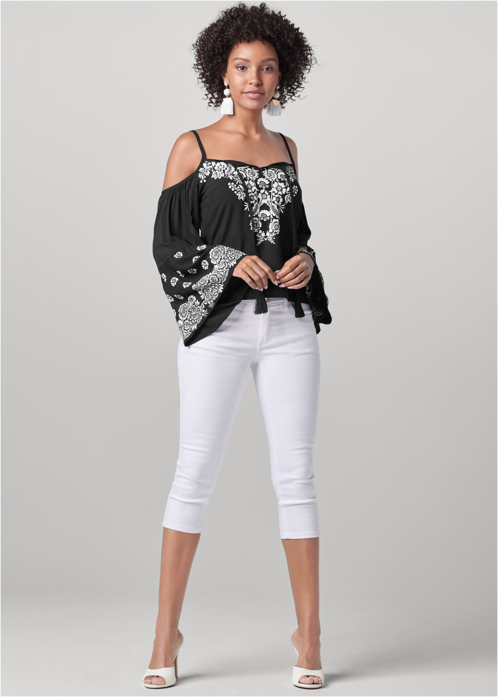 black white cold shoulder top