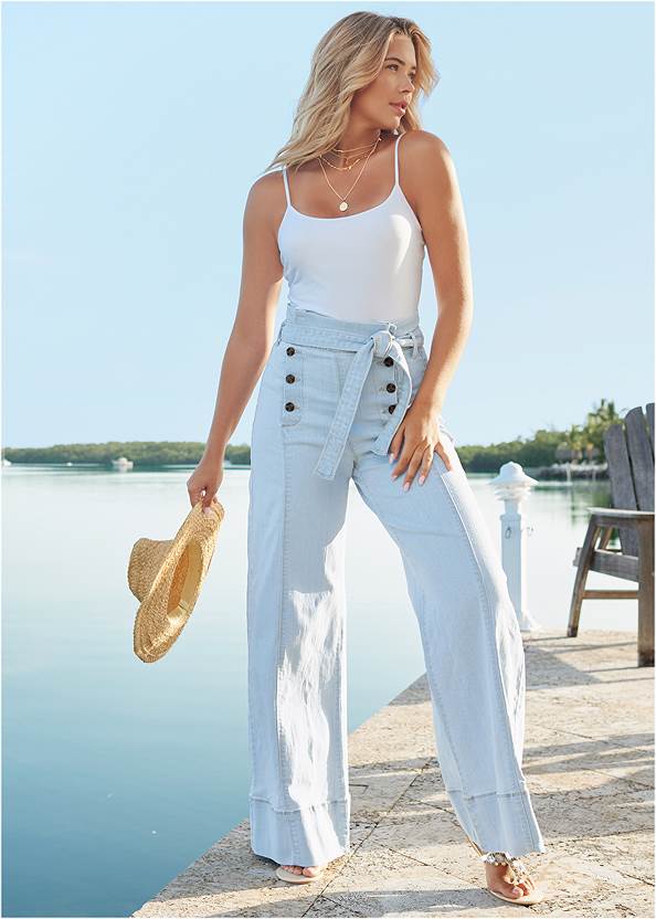 Flare Leg High Waist Jeans,Basic Cami Two Pack,Embellished Wedges,Beaded Fringe Earrings,Long Circle Earrings,Layered Long Necklace,Straw Hat With Jewel Trim