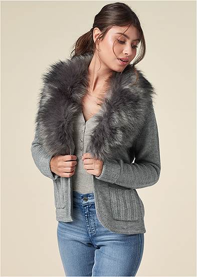 Plus Size Faux Fur Trim Cardigan