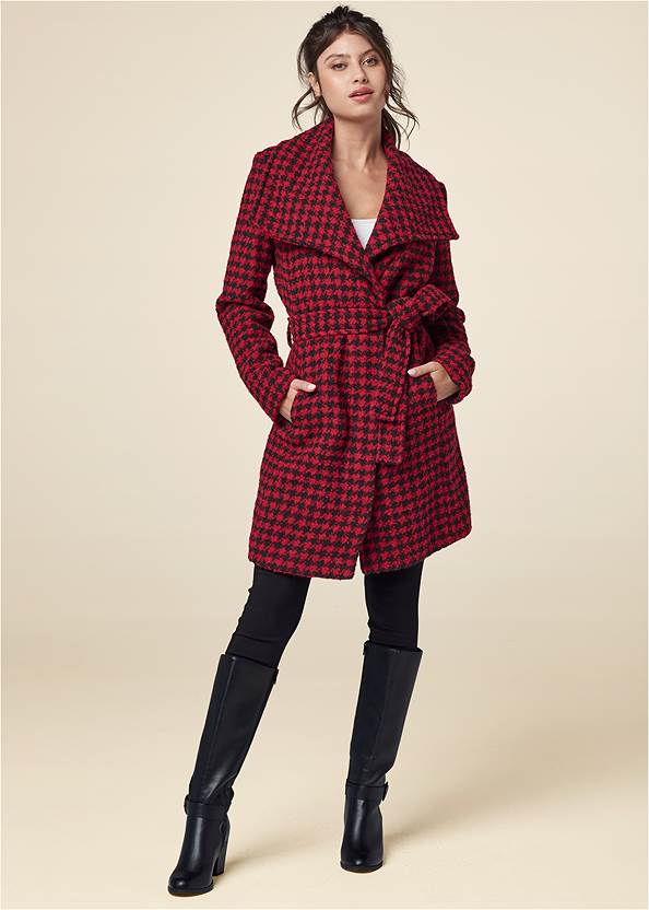 Belted Houndstooth Coat,Basic Cami Two Pack,Mid-Rise Slimming Stretch Jeggings,Stretch-Back Boots,Hoop Earrings Set