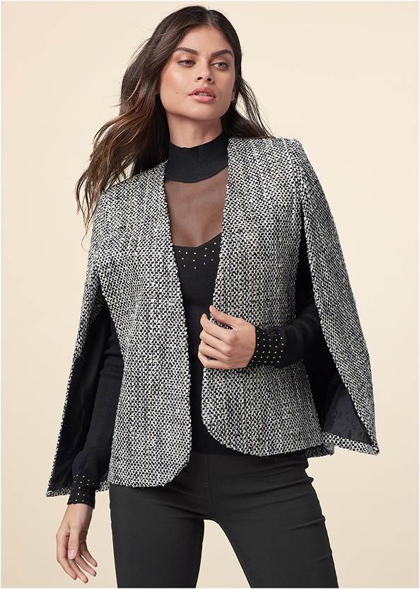 Tweed Cape With Lurex,Mesh Inset Sweater,Hi-Def V-Neck Bodysuit,Mid-Rise Slimming Stretch Jeggings,5-Pocket Faux-Leather Pants,Gold Statement Heel Boots,Hoop Detail Earrings,Quilted Chain Handbag