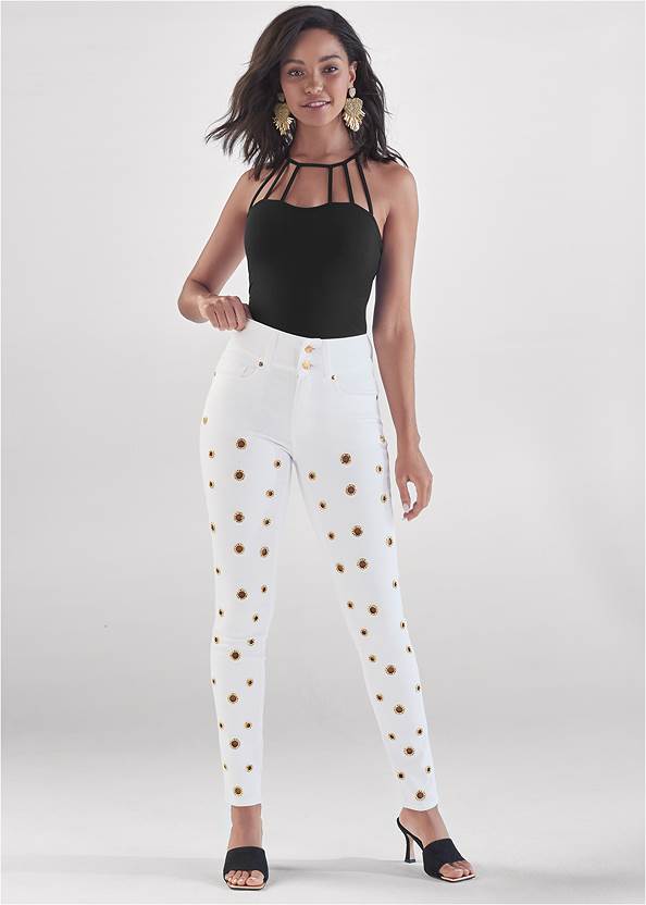 Grommet Detail Skinny Jeans,Strappy Detail Top, Any 2 Tops For $39,One-Shoulder Ruched Top,Thong Strap Kitten Heels,Beaded Heart Earrings