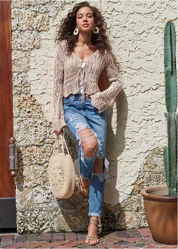 Rigid Ripped Relaxed Fit Jeans,Tie-Front Cropped Cardigan,Basic Cami Two Pack,Strappy Sleeveless Top,High Heel Strappy Sandals,Strappy Toe Loop Heels,Hoop Detail Earrings,Studded Gladiator Sandals,Striped Rope Shell Tote Bag,Raffia Hoop Earrings