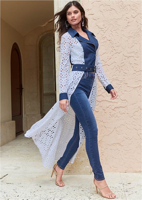 High-Low Eyelet Trench Coat,Basic Cami Two Pack,Mid-Rise Slimming Stretch Jeggings,Lift Jeans,Strappy Toe Loop Heels,High Heel Strappy Sandals,Tassel Hoop Earrings