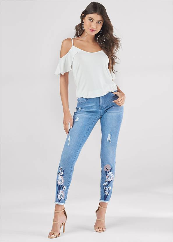 Embroidered Jeans,Ruffle Cold-Shoulder Top,Racerback Basic Top,High Heel Strappy Sandals,Hoop Earrings,Mini Structured Handbag