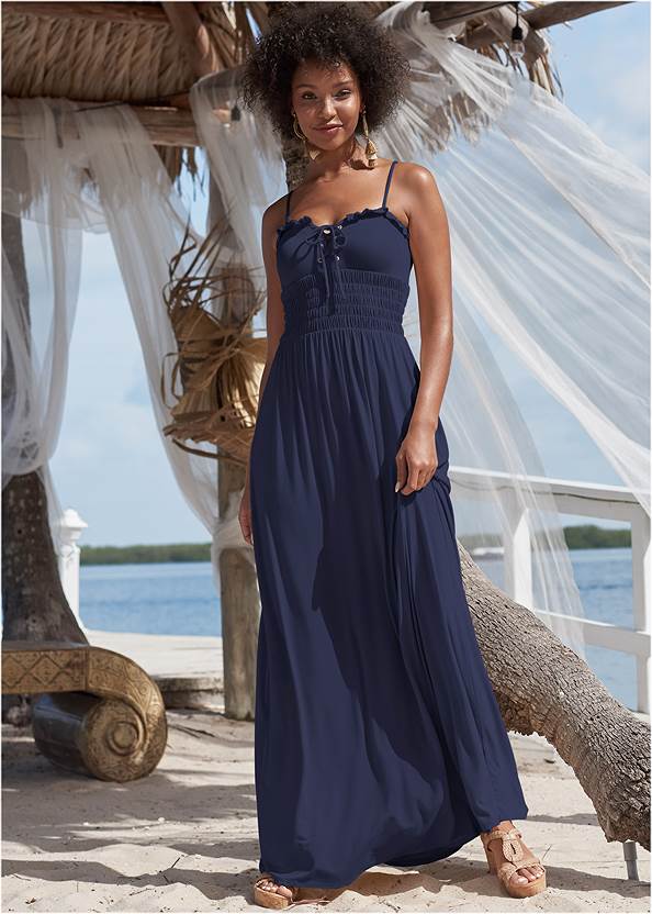 Smocked Lace-Up Dress,Pearl By Venus® Strapless Bra, Any 2 For $75,Braided Strappy Cork Wedges,Tiered Tassel Drop Earrings,Rhinestone Thong Sandals,Raffia Hoop Earrings