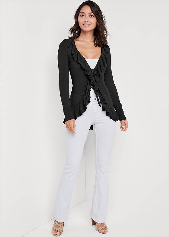 Full Front View Ruffle Tie Front Cardigan