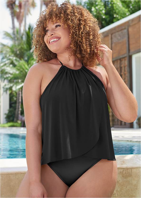 The Indie Tankini,Full Coverage Mid-Rise Hipster Bikini Bottom,Classic Hipster Mid-Rise Bottom,The Genevieve Bottom,One-Shoulder Blouson Tank,Front Tie Kimono Cover-Up