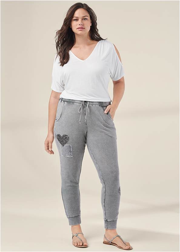 Textured Sparkle Joggers,Cold-Shoulder V-Neck Top,Twisted Knot Detail Tee,Lace-Up Star Sneakers