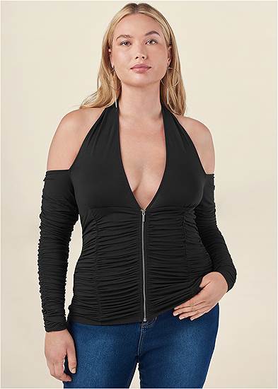 Plus Size Zip-Up Ruched V-Neck Top