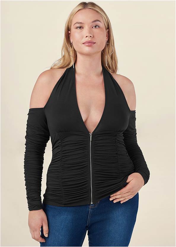 Cropped Front View Zip-Up Ruched V-Neck Top