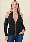 Cropped Front View Zip-Up Ruched V-Neck Top
