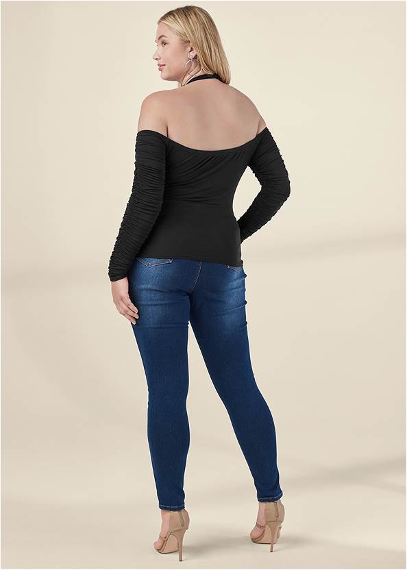 Back View Zip-Up Ruched V-Neck Top