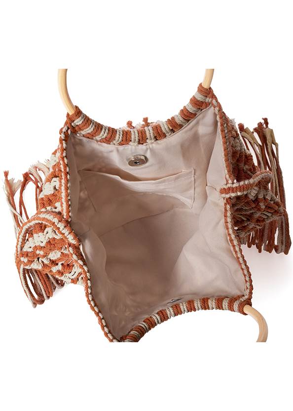 Flatshot open view Macrame Fringe Bag