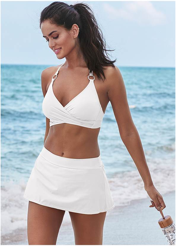 Skirted Mid-Rise Bottom,Underwire Wrap Top,Triangle String Bikini Top,Enhancer Push-Up Triangle Top,Marilyn Underwire Push-Up Halter Top,Goddess Enhancer Push-Up Top,Asymmetrical Strappy Tunic,Crystal Embellished Sandals