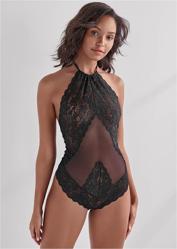 Front View Sheer Lace Halter Teddy