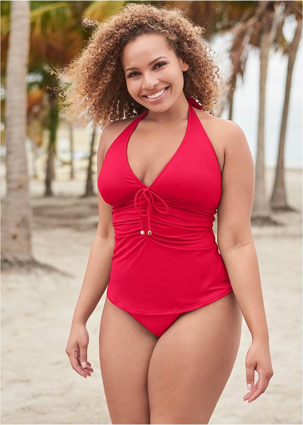 Julie Halter Tankini Top,Full Coverage Mid-Rise Hipster Bikini Bottom,Classic Hipster Mid-Rise Bottom,Skirted Mid-Rise Bottom,Goddess Ruffle Hem Halter Tankini Top,Ring Front Dolman Cover-Up,Circular Woven Bag