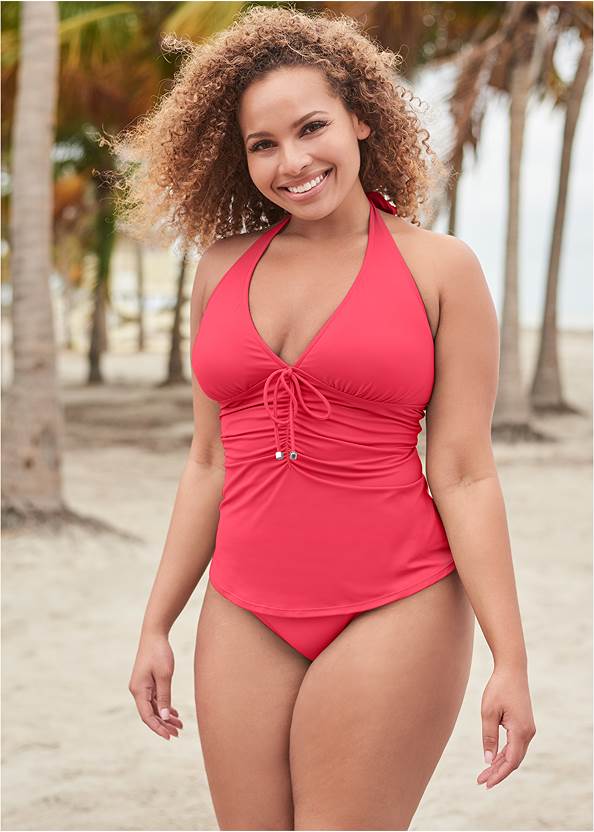 Julie Halter Tankini Top,Full Coverage Mid-Rise Hipster Bikini Bottom,Classic Hipster Mid-Rise Bottom,Skirted Mid-Rise Bottom,Sleek Flowing Tankini Top,Lace Up Front Cover-Up Dress