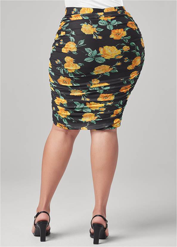 Back View Floral Ruched Bodycon Skirt