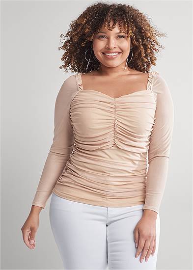 Plus Size Mesh Ruched Long Sleeve Top