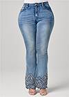 Cropped Front View Floral Embroidered Bootcut Jeans With Scalloped Edge