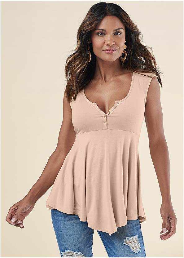 Henley Babydoll Top,Triangle Hem Jeans,Braided Strappy Cork Wedges,Ankle Strap Espadrilles