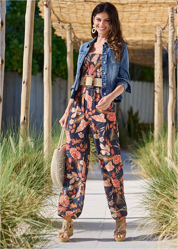 Floral Strapless Jumpsuit,Jean Jacket,Rope-Sole Wedge Slides,High Heel Strappy Sandals,Stretch Waist Belt,Oversized Gold Hoop Earrings,Striped Rope Shell Tote Bag