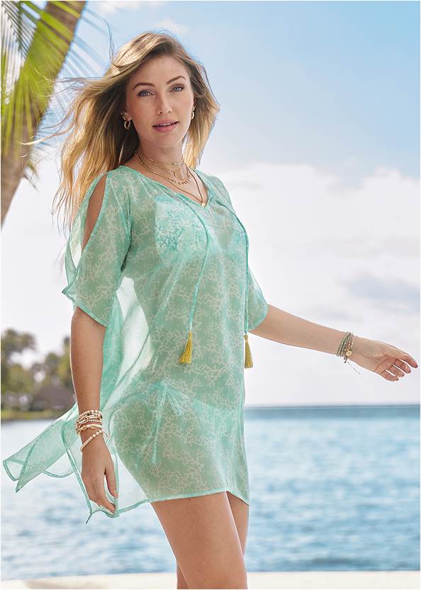 Cold-Shoulder Beach Tunic,Sparkling Triangle Top,Tie-Side Bottom,Strappy Back One-Piece,Ruffle Hem Tunic