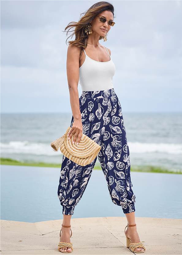 Deep Ocean Patterned Pants,Basic Cami Two Pack,Peek-A-Boo One Piece,Raffia Strappy Jewel Sandals,High Heel Strappy Sandals,Sequin And Straw Tote,Striped Jute Crossbody