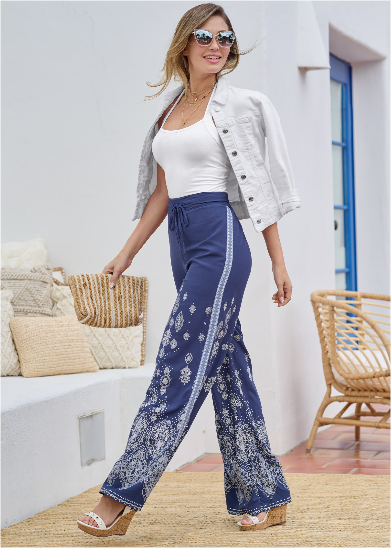 BANDANA PRINT WIDE LEG PANTS in Blue Multi | VENUS