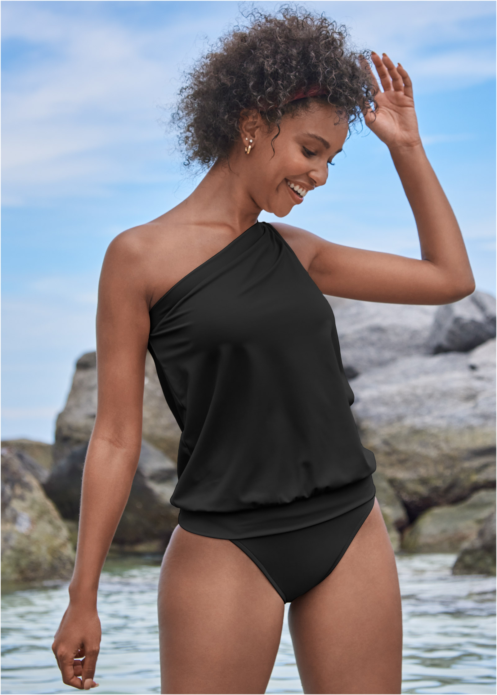 One Shoulder Blouson Tank in Black Beauty Bikini VENUS