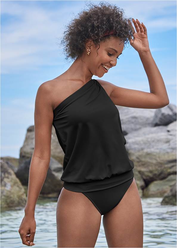 One-Shoulder Blouson Tank,Classic Hipster Mid-Rise Bottom,Full Coverage Mid-Rise Hipster Bikini Bottom,Classic Scoop Front Bottom ,Strappy Tankini Top,Pleated Cover-Up Pants,Straw Hat With Jewel Trim