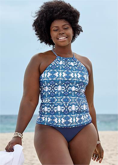 Plus Size Ruched Side Halter Tankini Top