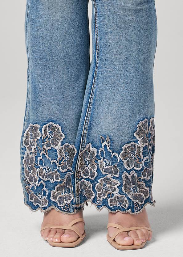 Alternate View Floral Embroidered Bootcut Jeans With Scalloped Edge