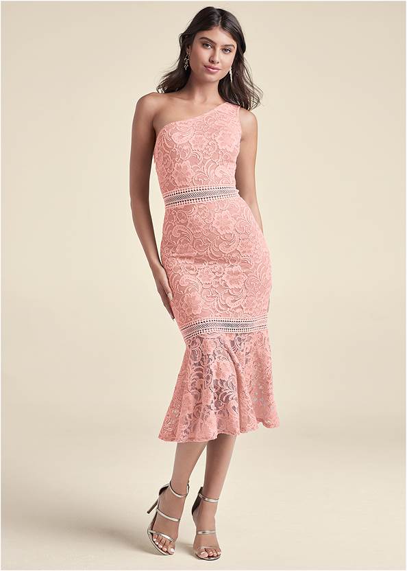 One-Shoulder Lace Dress,Pearl By Venus® Strapless Bra,Lace Smoothing Skirt,High Heel Strappy Sandals,Strappy Wrap Heels
