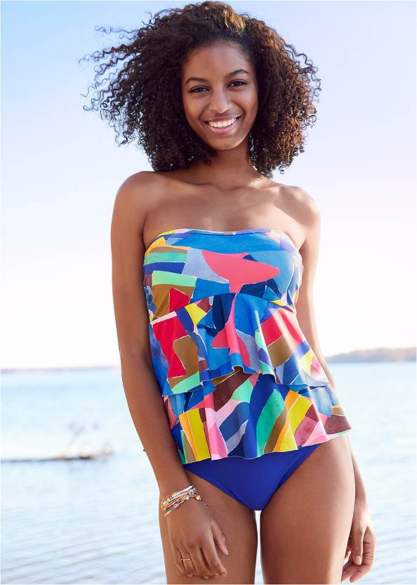 Ruffle Bandeau Tankini Top,Classic Hipster Mid-Rise Bottom,Full Coverage Mid-Rise Hipster Bikini Bottom,Classic Scoop Front Bottom ,Rio Tankini Top,Cutoff Jean Shorts