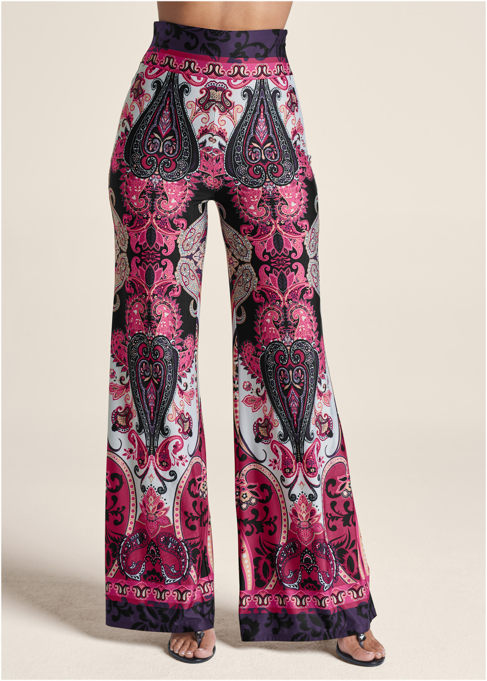 Wide Leg Paisley Print Pants in Pink Multi | VENUS